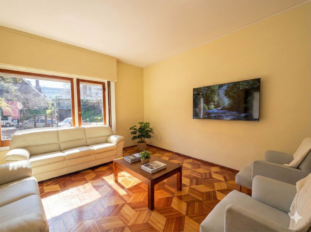 Living luminoso con sillones claros, ventanales y piso de parquet